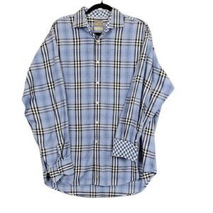 Thomas Dean Button Front Shirt Blue Plaid‎ Contrast Flip Cuff Size XL